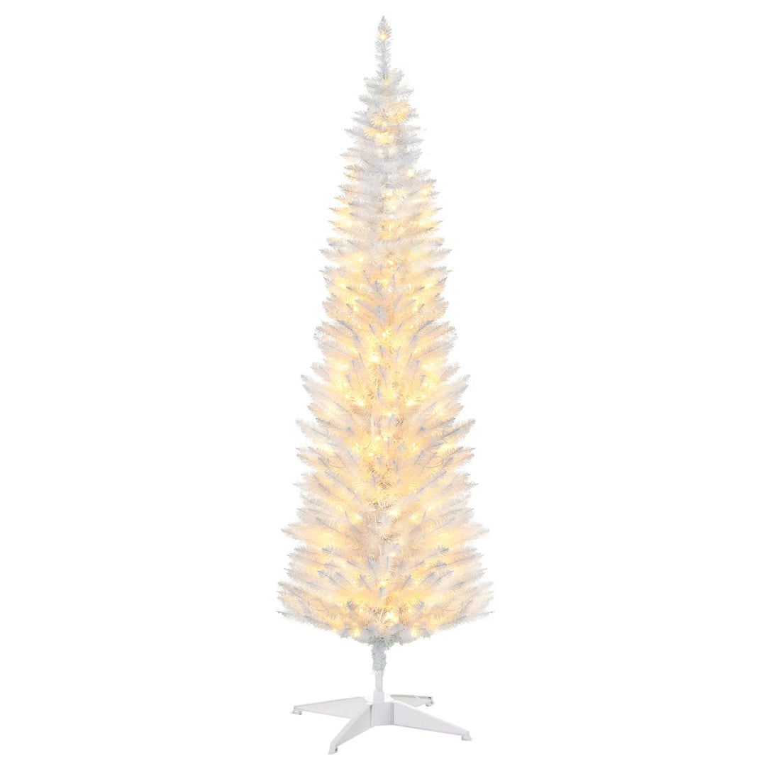 Small white pencil Christmas tree with lights