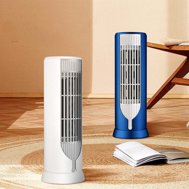 White ceramic tower heater on a desk
