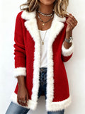 Woman in a red mid-length coat with white faux fur trim