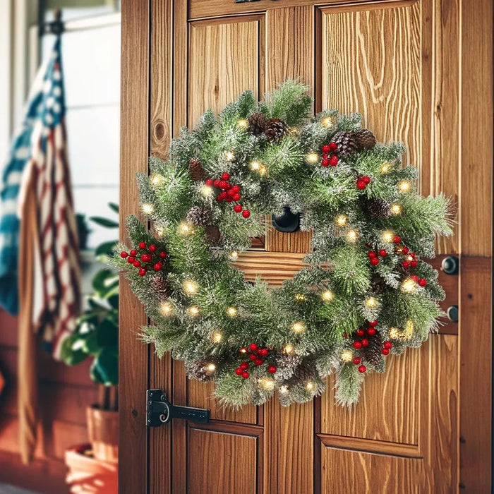 Hendrano 24 in Battery Lighted Wreath with Pine Cones and Berries