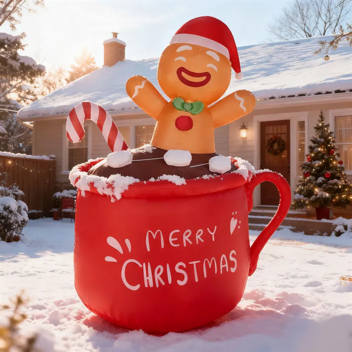 Hendrano 4.8 ft Inflatable Gingerbread Man in Hot Cocoa Mug