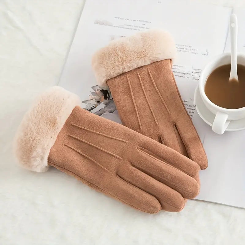 Warm Suede Gloves with Soft Velvet Lining and Plush Cuff