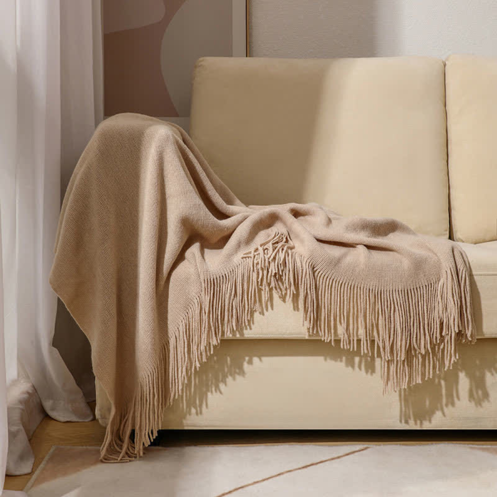 Chunky Knit Throw Blanket with Tassel Edges in Soft Acrylic