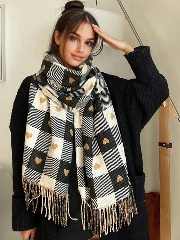 Hendrano™ Plaid Heart Pattern Winter Scarf – Soft Wrap Shawl