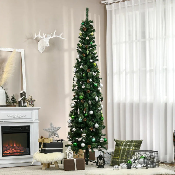 Slim pencil Christmas tree with pine cones