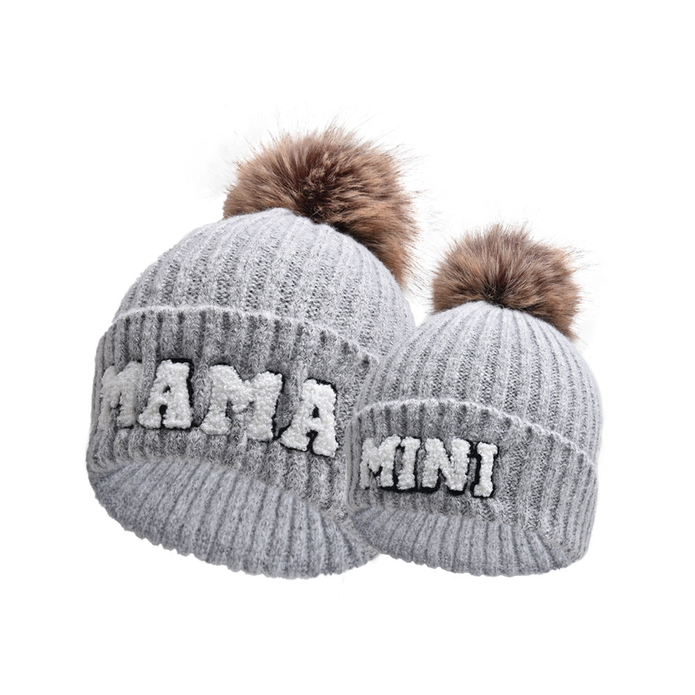 MAMA and MINI pompom beanie set