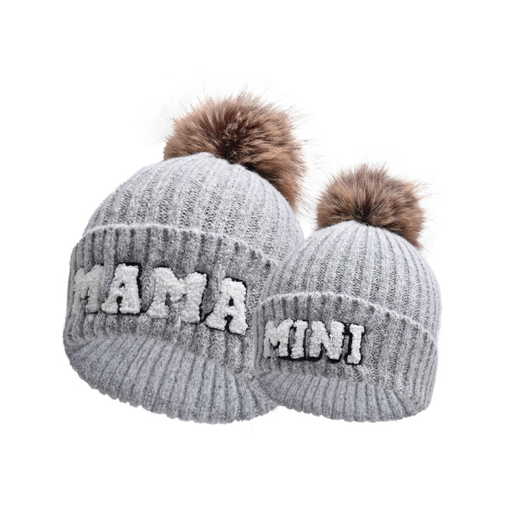 MAMA and MINI pompom beanie set