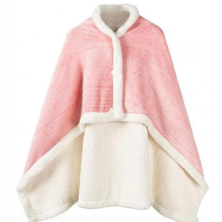 Woman wearing sherpa shawl blanket with buttons