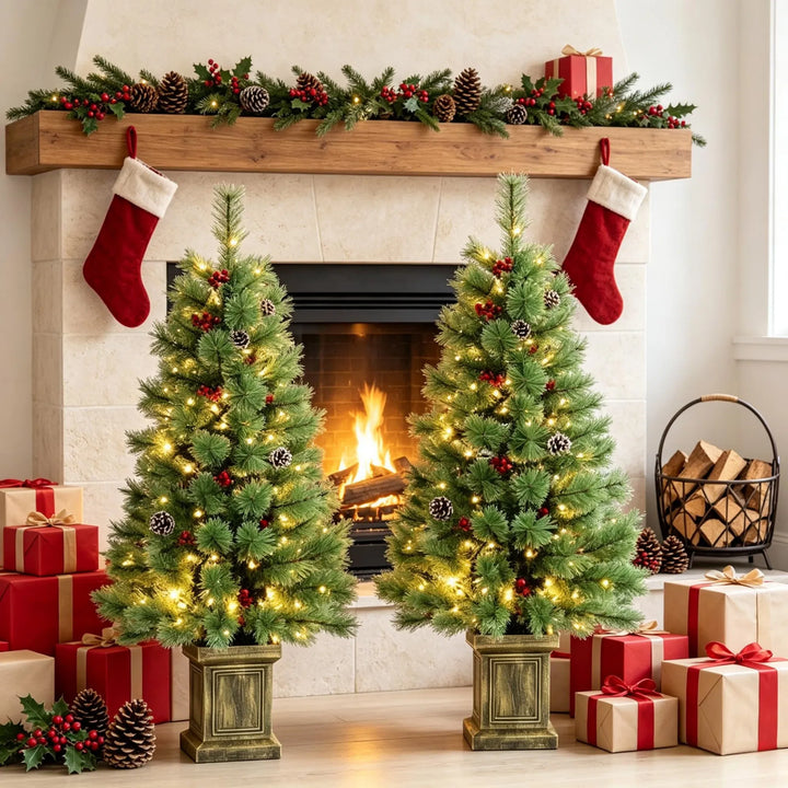 Two potted porch pine trees with berries