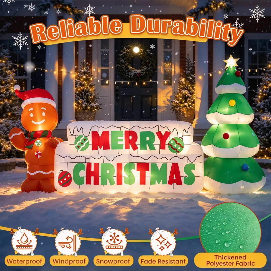 Inflatable Merry Christmas sign with gingerbread man on a lawn