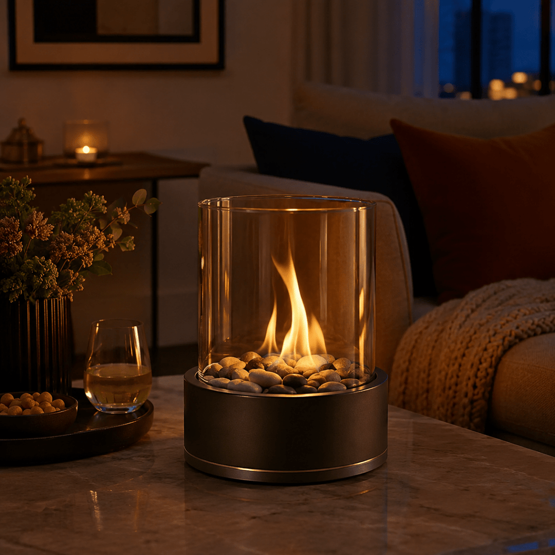 Tabletop Bioethanol Fire Pit with Real Flames and Glass Panels