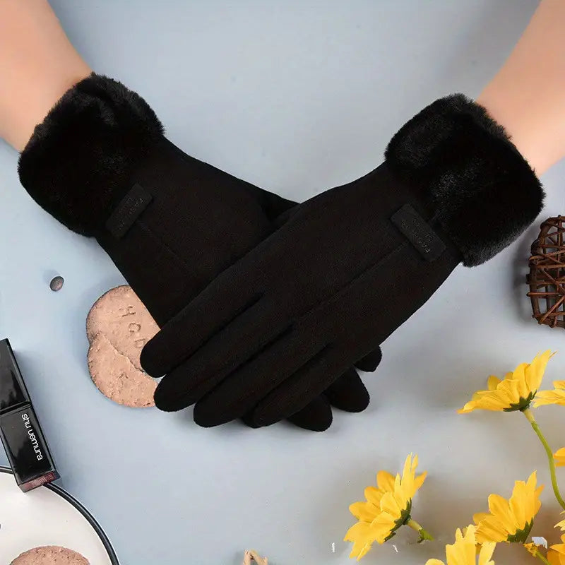 Warm Suede Gloves with Soft Velvet Lining and Plush Cuff