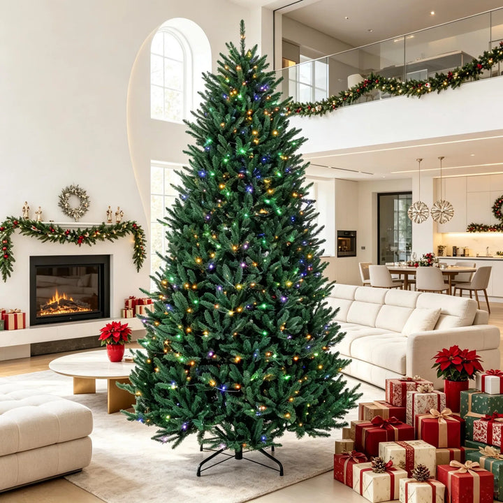 Full 9 ft pre-lit Christmas tree glowing