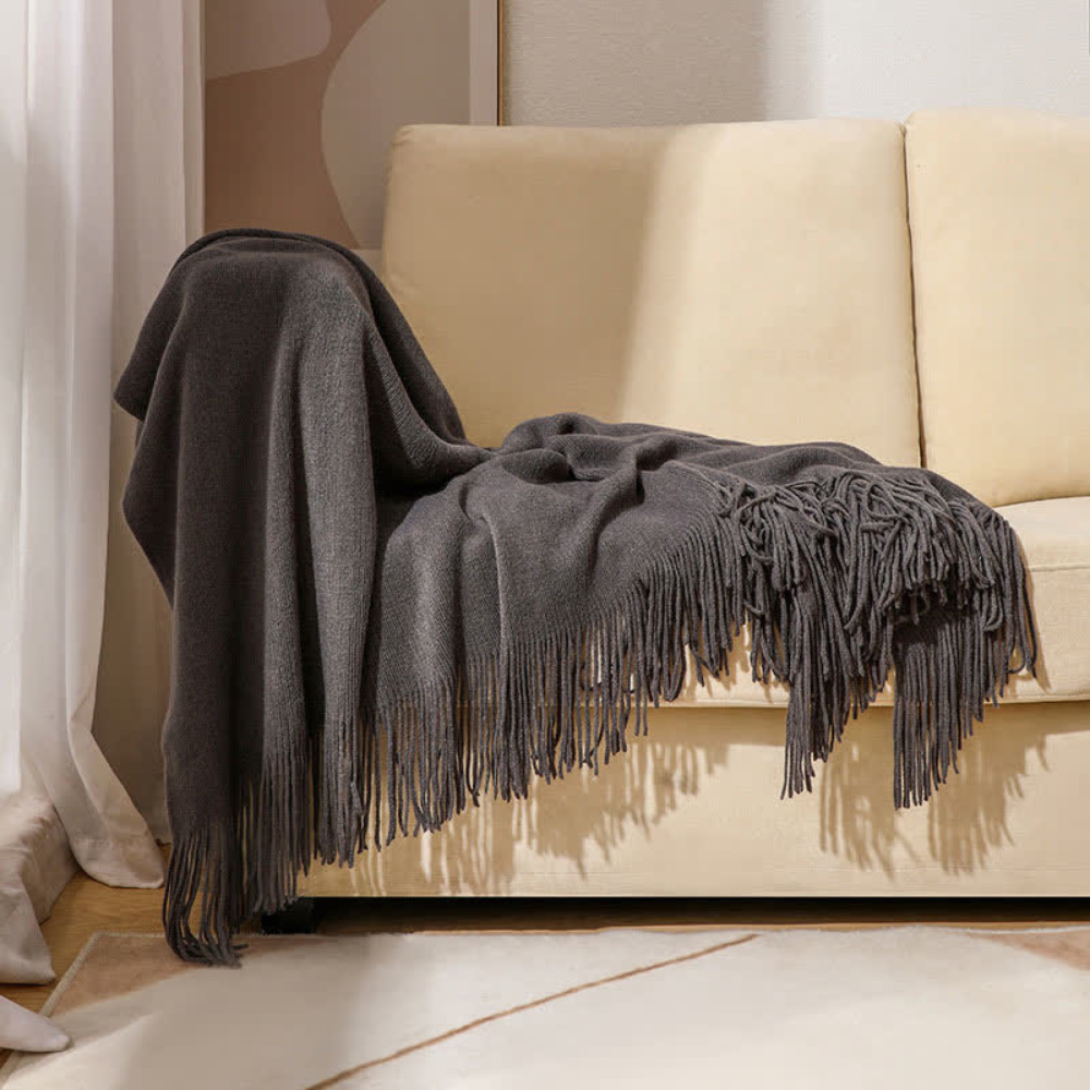 Chunky Knit Throw Blanket with Tassel Edges in Soft Acrylic