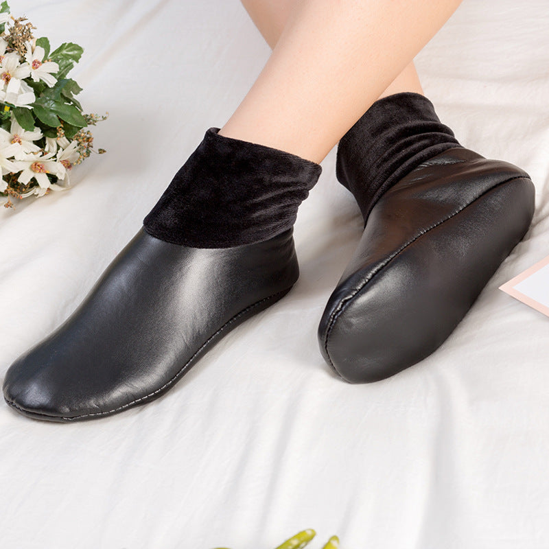 Black faux leather fleece-lined slipper boots
