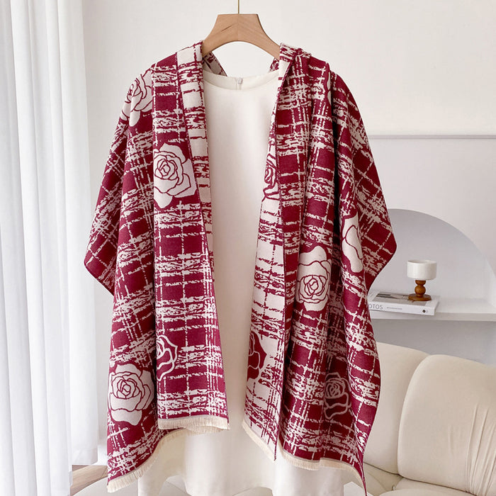 Hendrano Double-Sided Plaid Shawl with Rose Motif