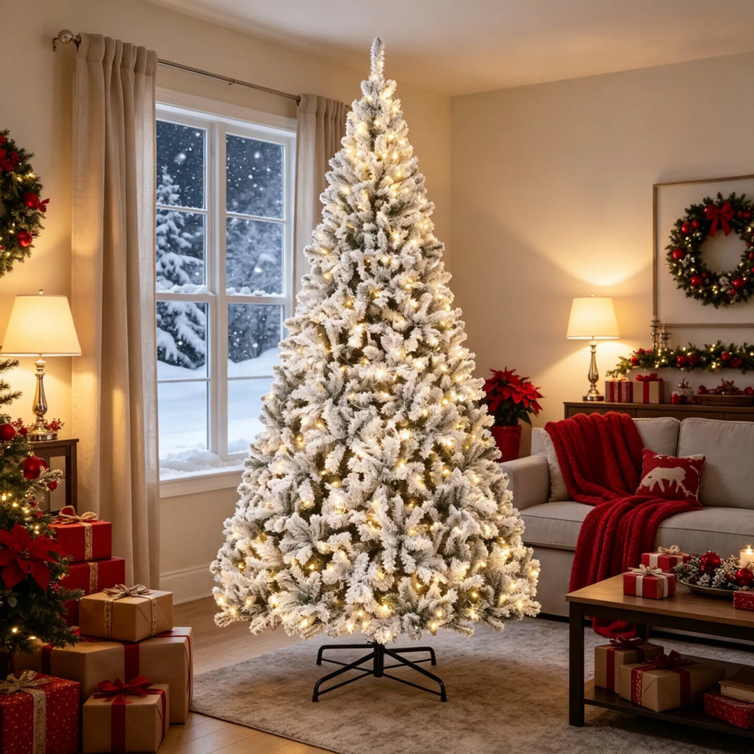 Tall flocked Fraser fir Christmas tree lit