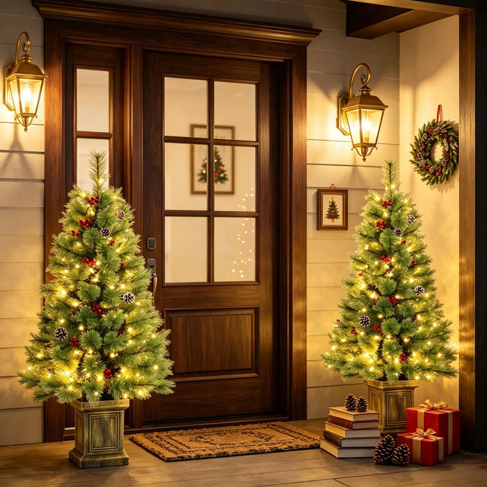 Hendrano Set of 2 Battery 4 ft Porch Trees with Berries and Remote