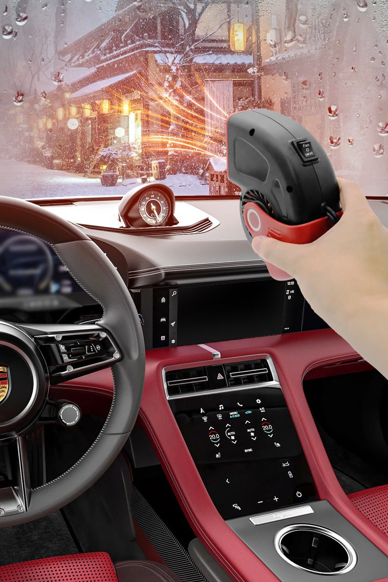 Black 12V car heater on dashboard