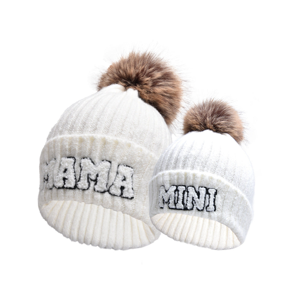 MAMA and MINI pompom beanie set