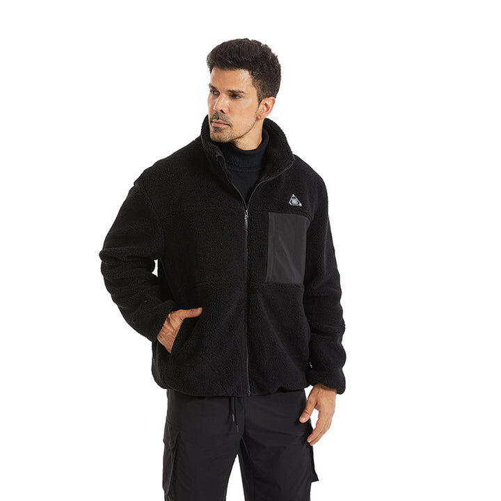 Man wearing heated sherpa fleece jacket