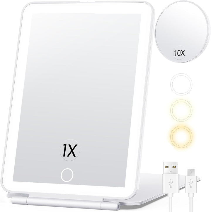Rechargeable Lighted Travel Makeup Mirror with 10X Magnification