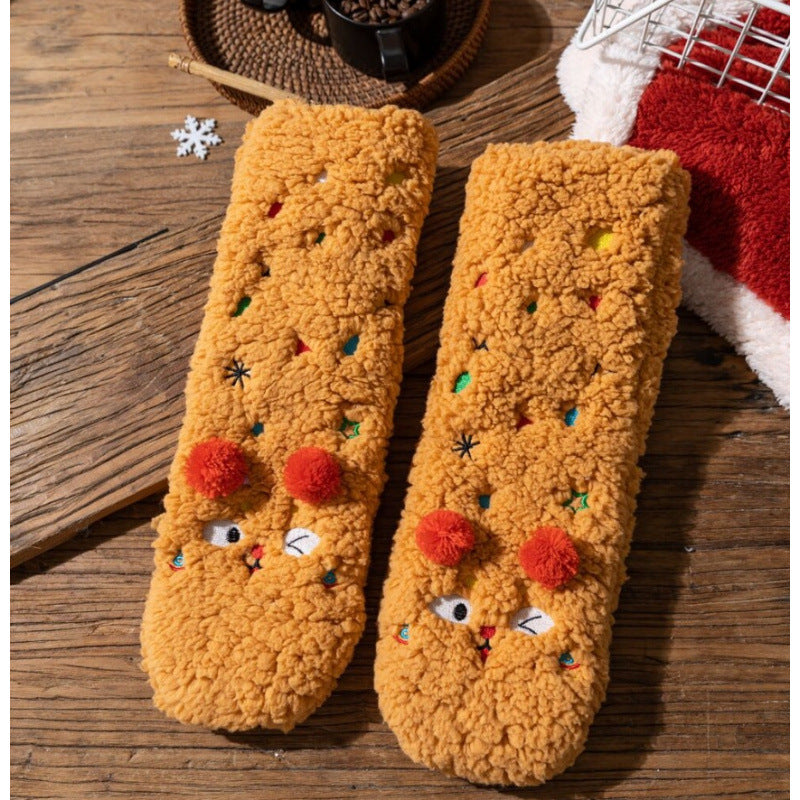 Fluffy pink floor socks with embroidered faces
