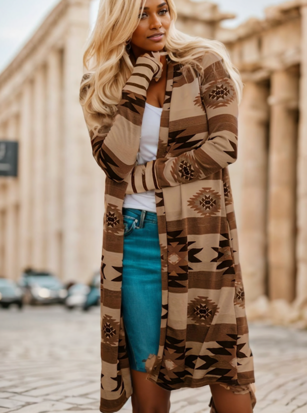Hendrano Long Open-Front Cardigan with Color-Block Pattern