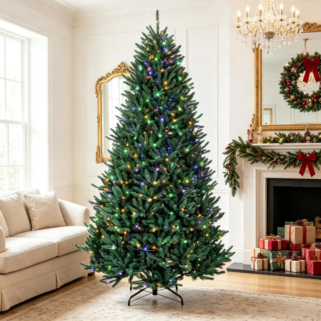 Full 9 ft pre-lit Christmas tree glowing