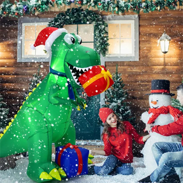 Inflatable T-rex dinosaur with Santa hat