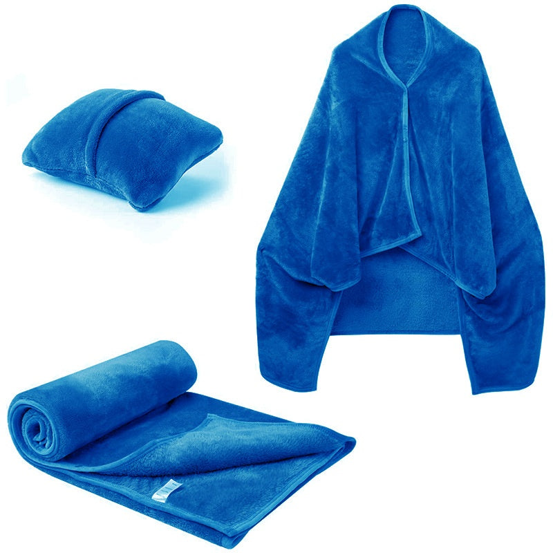 Fleece blanket worn as shawl with buttons