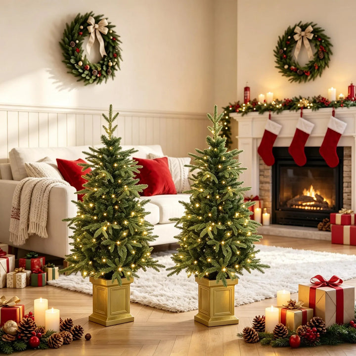 Two potted lit Christmas trees in gold pots