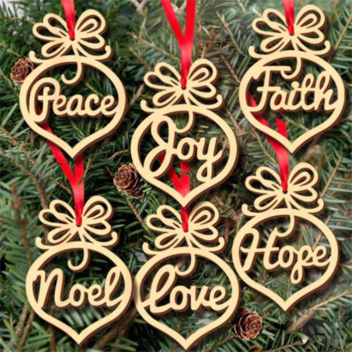 Hendrano™ Wooden Word Christmas Ornaments – Set of 6 With Ribbons