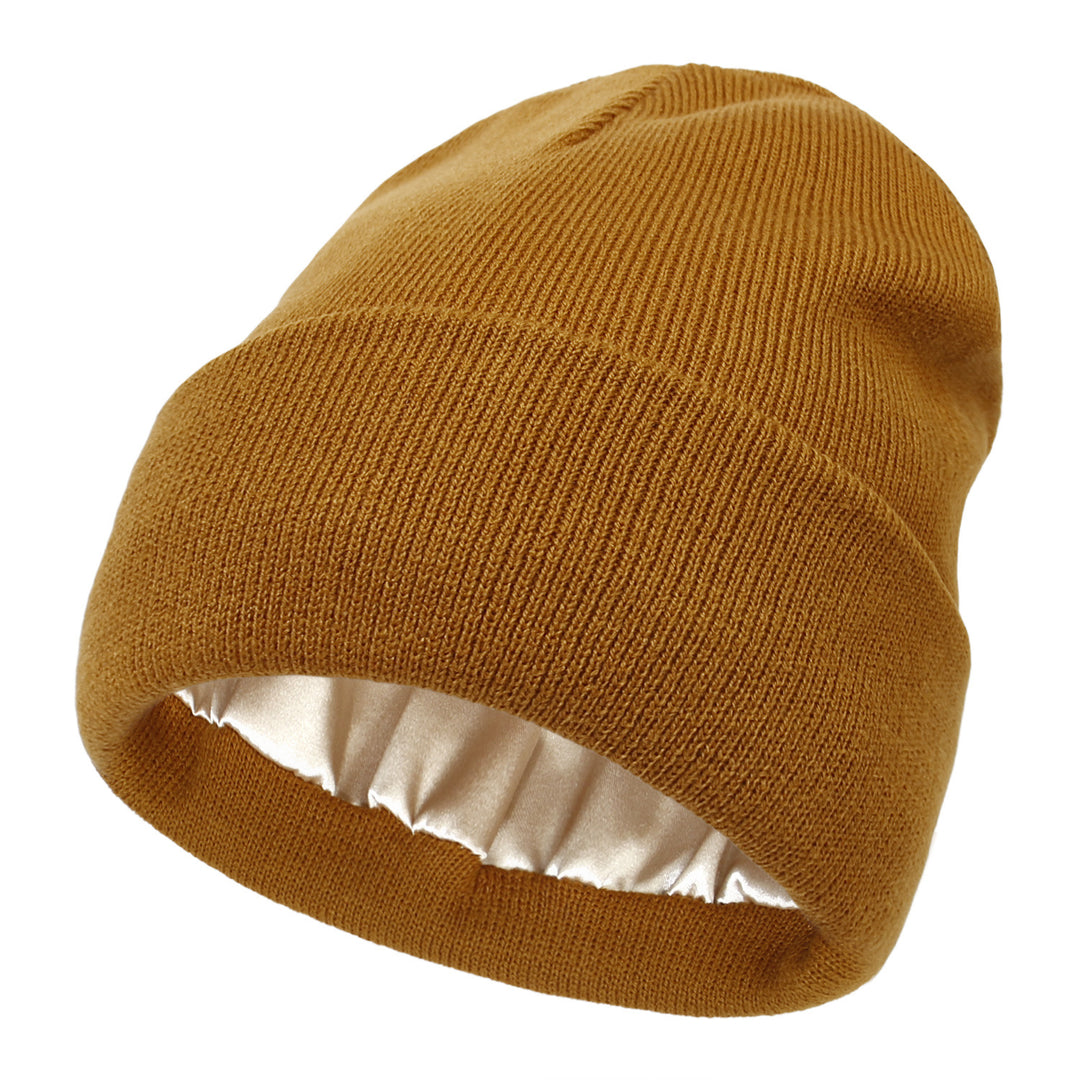 Cuffed knit beanie with satin lining