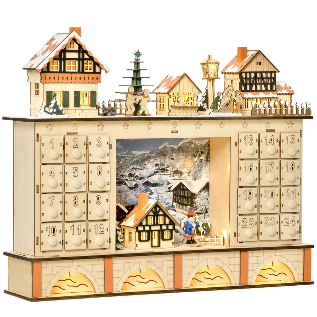 Lit wooden Christmas village advent calendar