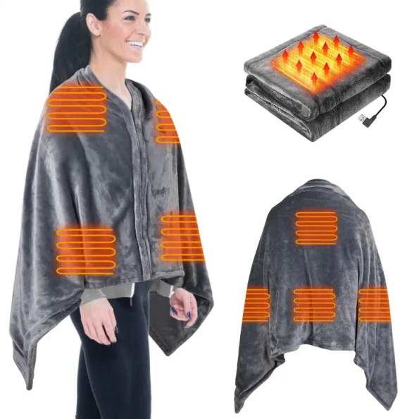 Gray heated poncho wrap with zipper