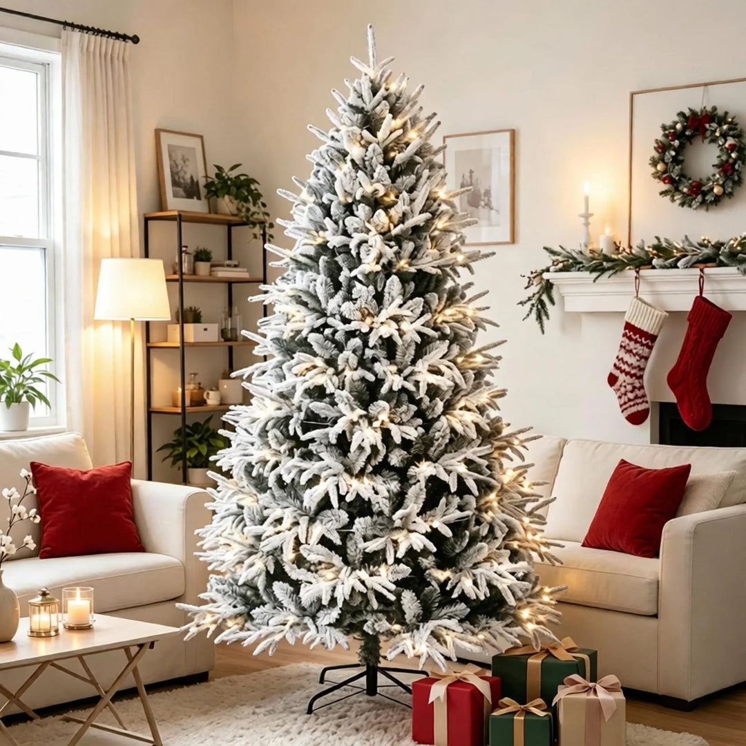 Full snow flocked pre-lit Christmas tree