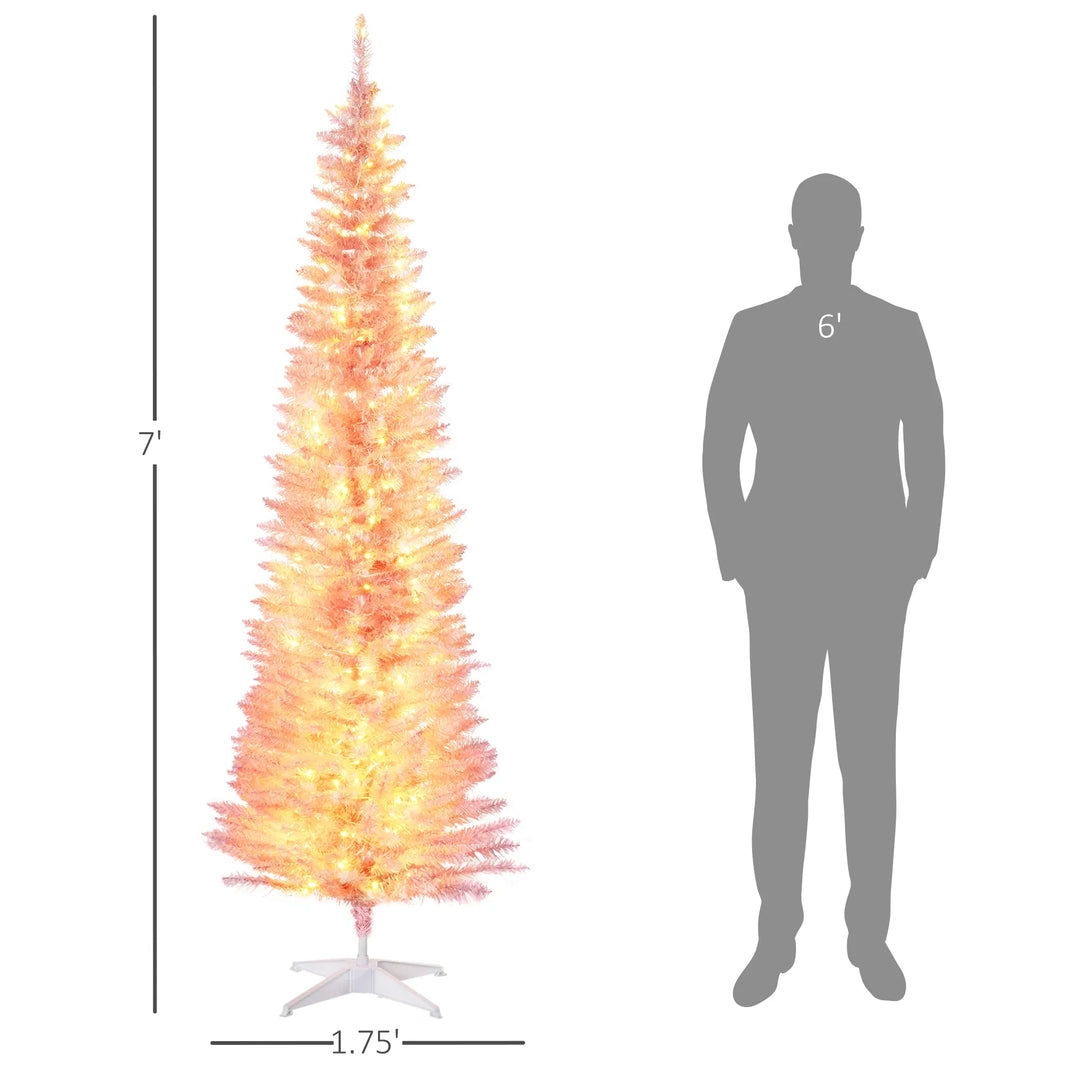Tall pink pencil Christmas tree with warm lights