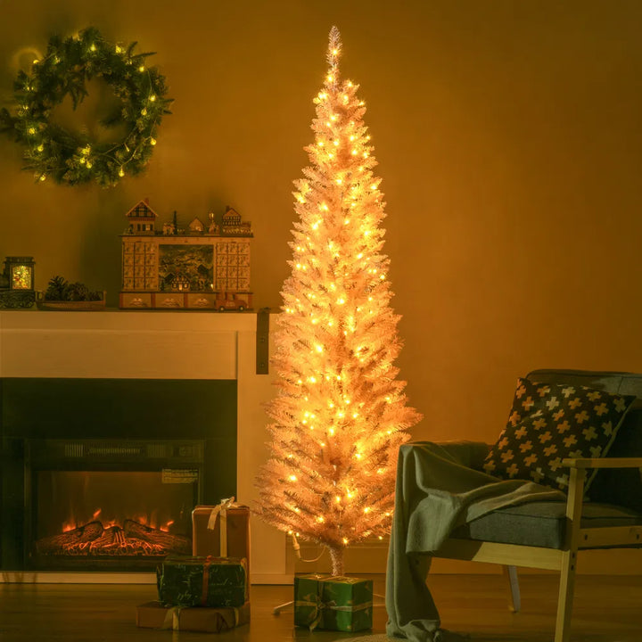 Small white pencil Christmas tree with lights