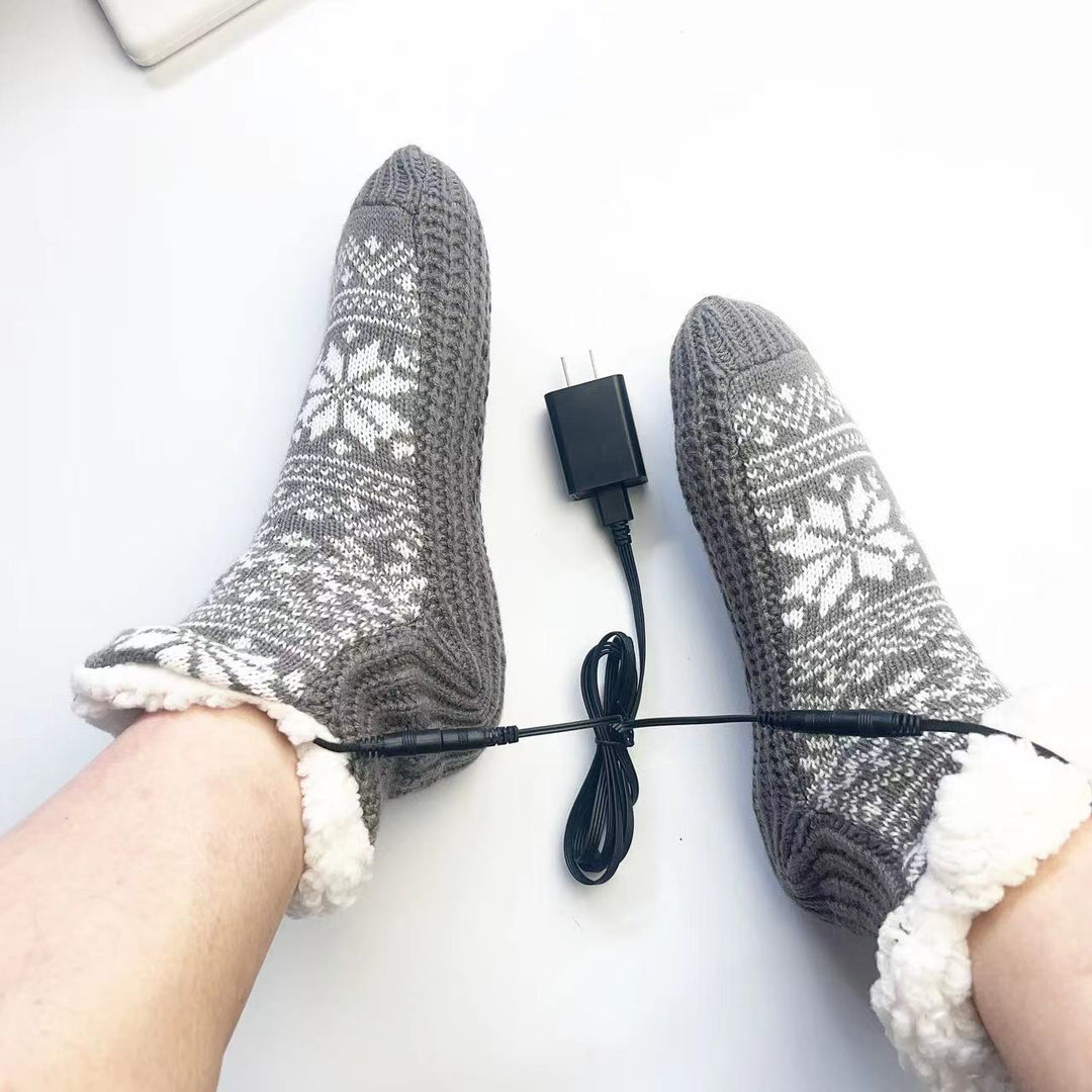 Red USB heated snowflake knit socks