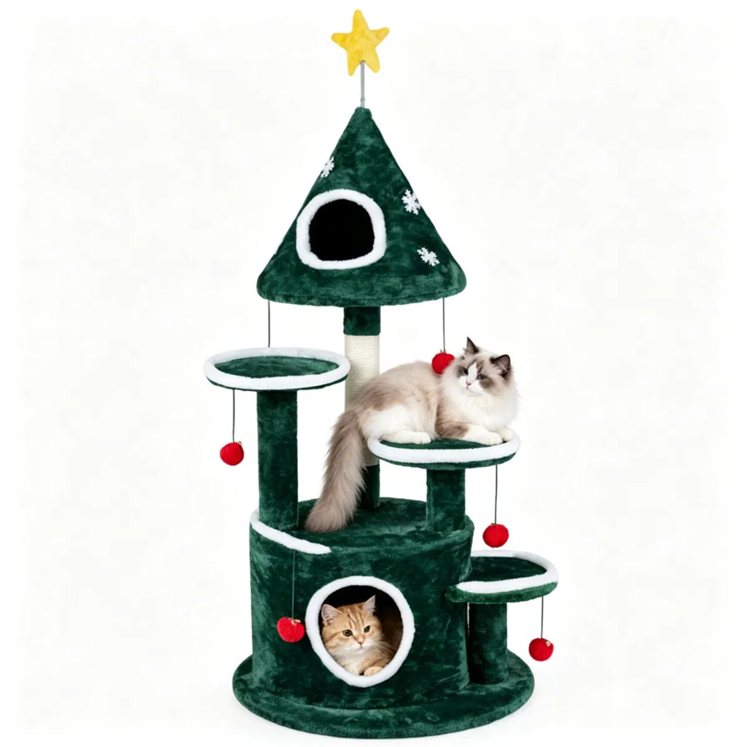 Christmas themed cat tree with bell balls
