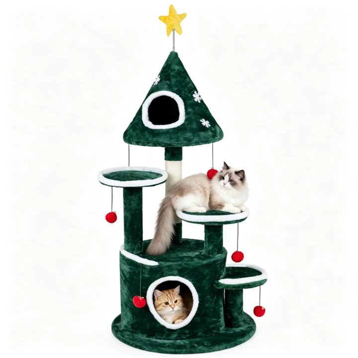 Christmas themed cat tree with bell balls