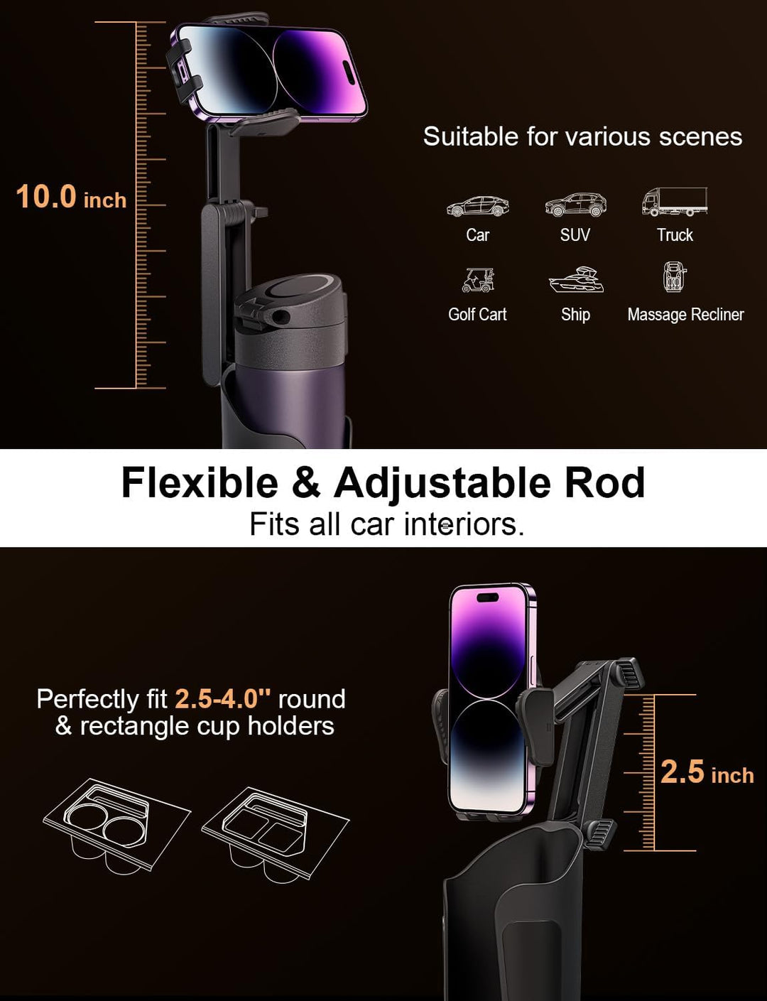 Cup Holder Phone Mount for Car with Adjustable Height