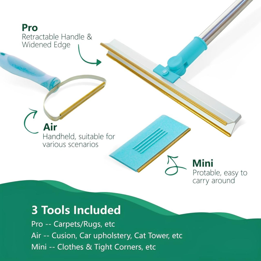 3-Piece Pet Hair Remover Set with Extendable Carpet Rake