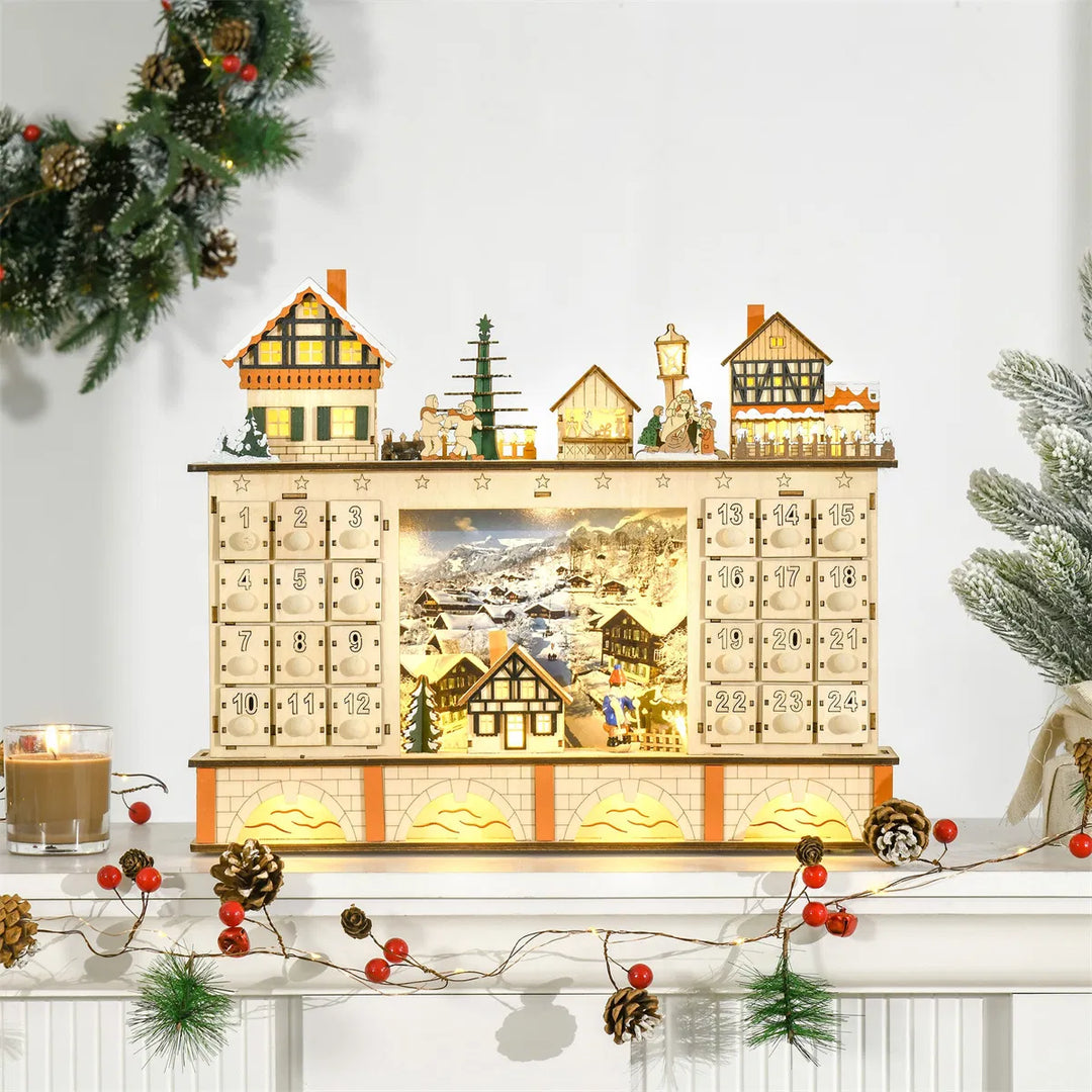Lit wooden Christmas village advent calendar