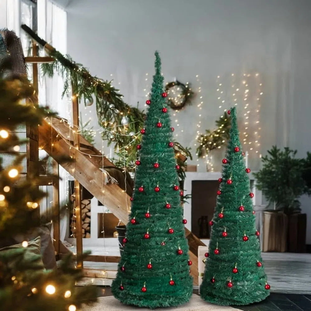 Two pop-up Christmas trees with red ornaments