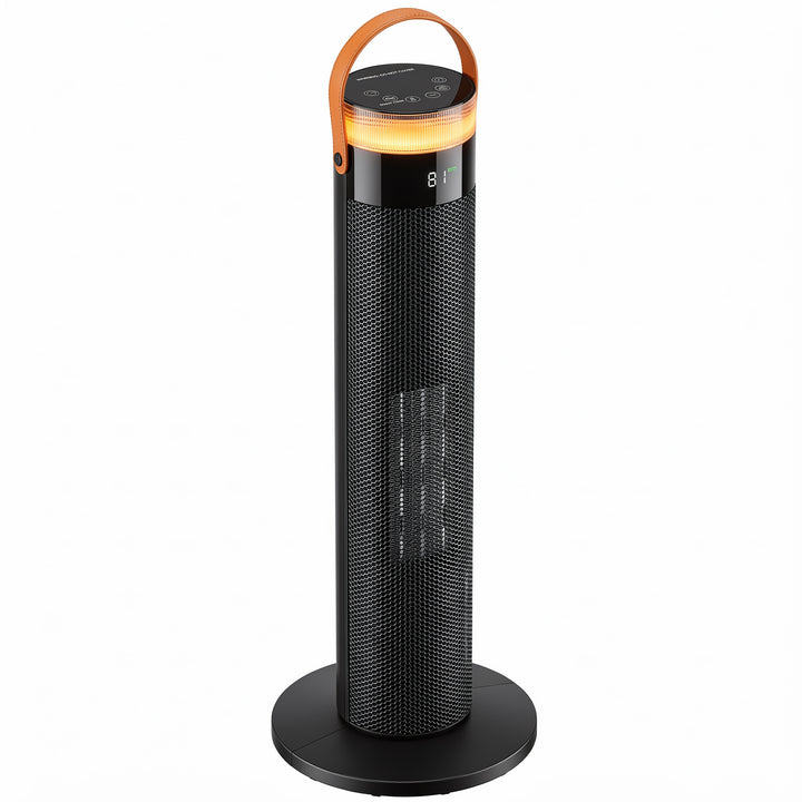 Black slim tower heater with glowing LED ring