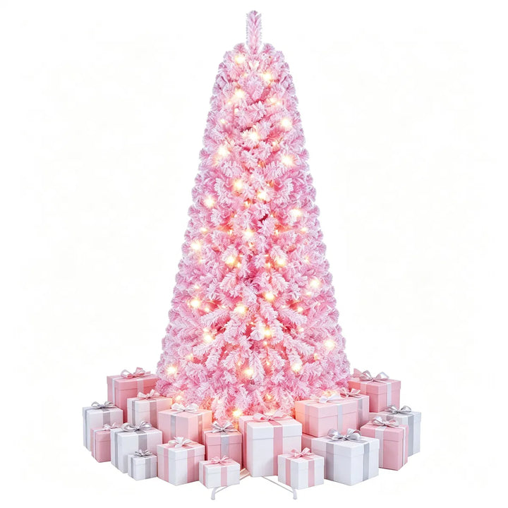 Pink flocked Christmas tree with warm lights