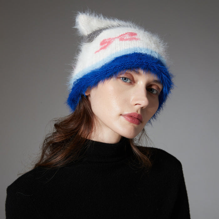 Hendrano Shaggy Cat Ear Beanie with Bow Pattern