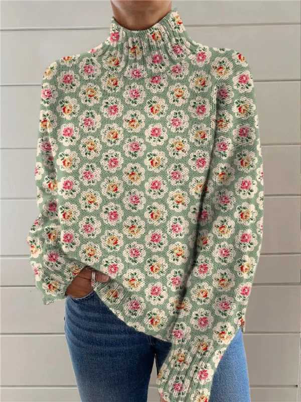Woman in a floral printed turtleneck sweater